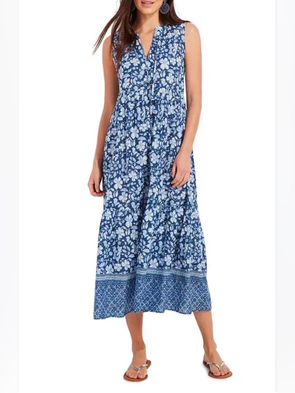 Vineyard Vines Blue Floral Maxi Dress Tiered Sleeveless Coastal Preppy Fits S